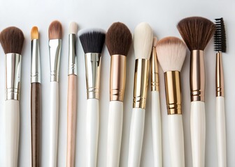 Professional makeup brushes arranged neatly on a white surface for beauty and cosmetic product photography and artistic makeup applications