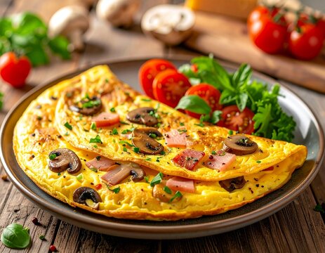 Omlet z serem ż&oacute;łtym, szynką, pieczarkami i pomidorkami cherry