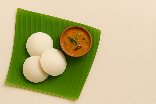 Idli and sambar on banana leaf, bright South Indian style, minimalist background for copy