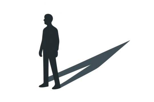 Man shadow standing with a long shadow on transparent background, symbolizing anonymity, individuality, and inner thoughts