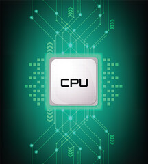 CPU with Light Glowing Neon Frame on Circuit Board - Technology Semiconductor on Blue Background, Empty AI Chip, Digital Tech Background, Big Data and Artificial Intelligence Concept Power
