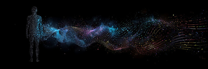 Digital 3D Human Body Wireframe with Flowing Binary Data and Light Streams Representing AI, Neural Network, and Future Technology Concept AI generated