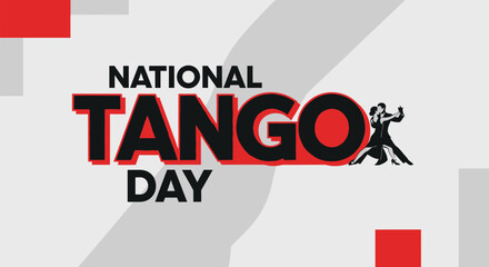 Celebratory graphic for International Tango Day featuring a silhouette of a passionate dancing couple on a modern geometric background
