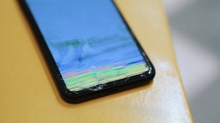 Broken screen on a smartphone, showing vertical cracks and multicolored lines across its glass display panel. Scratches