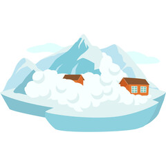 Naklejka premium Pixel Art Mountain Avalanche Threatening Two Small Houses With Snow And Blue Sky Background