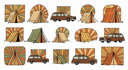 Camping trip icons with vintage car and tents