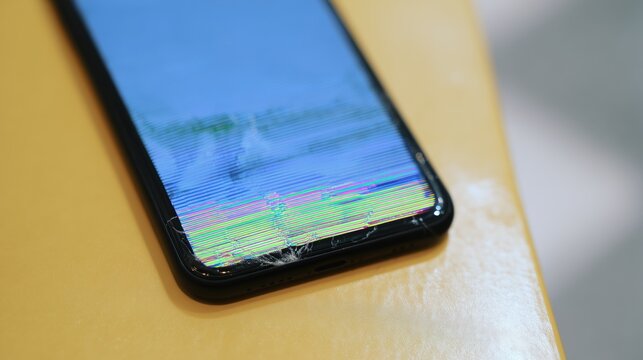 Broken screen on a smartphone, showing vertical cracks and multicolored lines across its glass display panel. Scratches