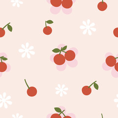 seamless  pair of cherries  on flower pattern with white flower , vector , illustration