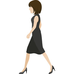 Pixel Art Of A Woman In A Sleeveless Dark Gray Dress And Black Heels Walking To The Left On A Transparent Background