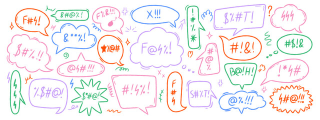 Swear speech bubble collection in crayon style. Doodle comic talk balloons with bad words, curses, and aggressive icons. Vector hand drawn illustration.