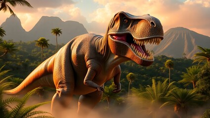 Majestic tyrannosaurus rex roaring in a lush prehistoric jungle landscape