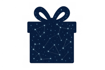 Gift box drawing showing starry night sky with constellations, abstract celestial concept on transparent background