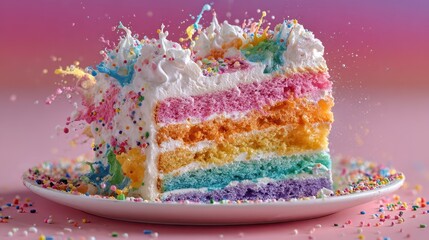 Slice of rainbow cake with sprinkles and frosting splash on white plate. Use for party, birthday, celebration, or baking related projects.