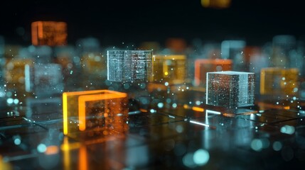 Illuminated data streams intertwined with ethereal floating cubes in a digital landscape