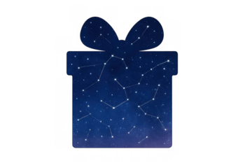 Gift box illustration with night sky, stars and constellations, representing a cosmic present or astrological surprise
