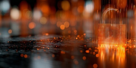 Digital illustration of a glowing padlock surrounded by shimmering particles on a reflective surface, symbolizing security and protection in a modern technological environment