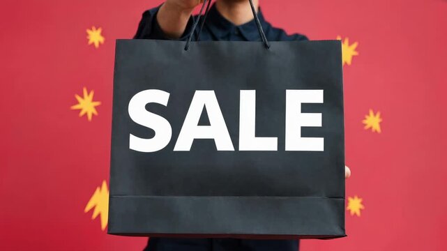 Hands presenting sleek SALE shopping bag on vivid backdrop with sparkles, direct retail message crafted for e‑commerce banners, promo bumpers, and conversion‑focused ads that communicate deals