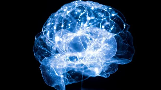 Luminous digital brain pulsing with electric synapses on black, striking visualization of AI, cognition, and neural networks for technology intros, research explainers, and innovation‑driven branding.