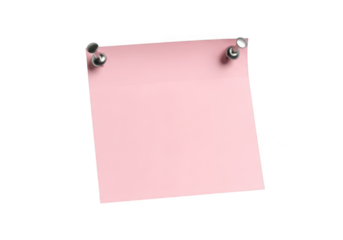 Pink sticky note pinned with silver thumbtacks, memo reminder, notice board, office supply, pink paper isolated on transparent background