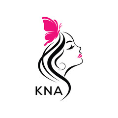KNA Elegant Beauty Woman Logo with Butterfly.  KNA Feminine Salon & Spa Branding KNA Luxury Beauty Icon Design. 
