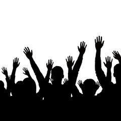 Silhouettes of many hands, raised in the air against a dark background, cutout, PNG isolated on white or transparent background