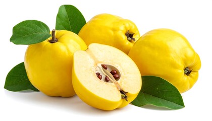 Ripe Quince Fruit - A Close-Up of Fresh, Yellow Quince with Green Leaves.