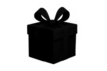 Black gift box with ribbon and bow, symbolizing mystery, luxury, and premium gifting on transparent background