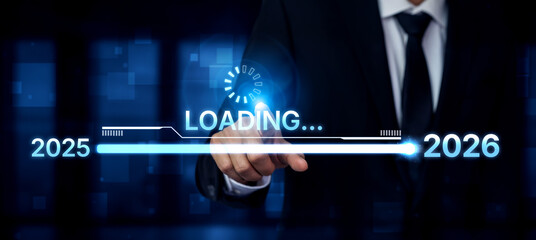 Visualizing the shift from 2025 to 2026. Progress bar symbolizing advancement, strategic foresight,...