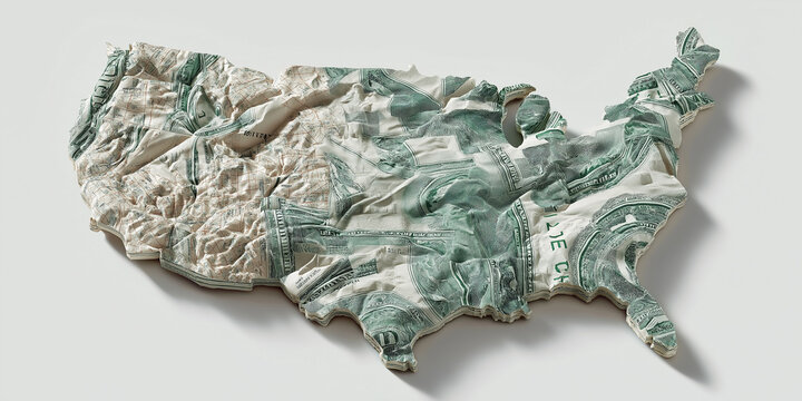 Crumpled dollar bills form United States map symbolizing economic challenges nationwide.
