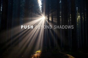 Sunlight rays piercing through shadows in a dark forest
