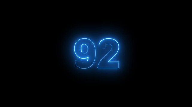 Abstract glowing neon sign text 921 number countdown icon on black background . Neon number 92 with simple blue neon color. Seamless loop style animation.