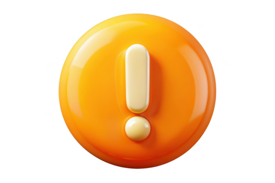 3d rendered orange circle with exclamation mark icon, warning sign, attention symbol, alert notification isolated on transparent background