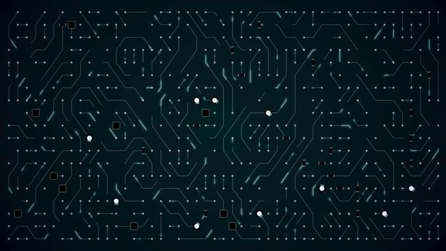 dark circuit board illuminated with lights, highlighting the intricate pathways