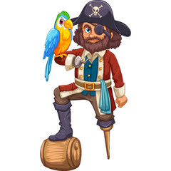 Pixel Art Pirate Captain With Eyepatch And Parrot On Shoulder Standing On A Barrel With Wooden Leg And Cutlass Ready For Adventure