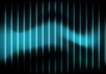 Abstract futuristic neon blue sound wave pulsating through vertical dark lines