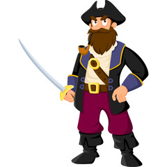 Pixel Art Pirate Character with Beard and Sword Wearing a Hat and Smoking a Pipe on a Transparent Background