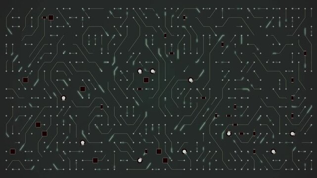 dark circuit board illuminated with lights, highlighting the intricate pathways