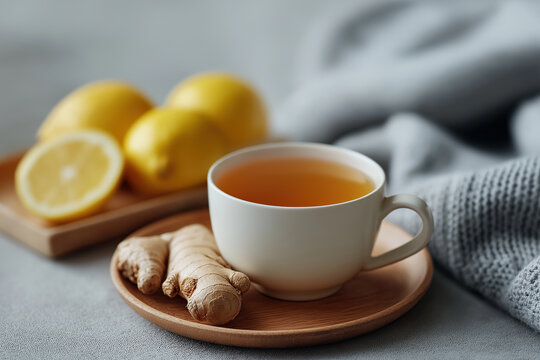 Steaming ginger tea served with fresh lemons on rustic wooden tray.