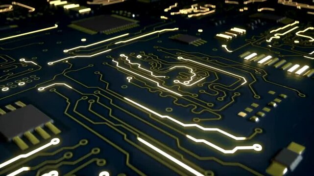 Glowing neon circuit board lines tech, showcasing the inner working of computer