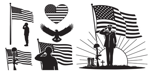 Patriotic american flag imagery and silhouettes of soldiers honoring fallen heroes and symbols of freedom