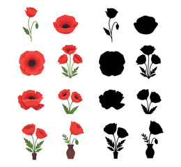 Collection of vibrant red poppy flowers and their silhouette outlines for artistic design and decoration