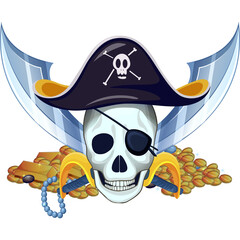 Pixel Art Pirate Skull with Crossed Sabers and Gold Coins Featuring a Jolly Roger Hat and Eyepatch Pirate Symbolism Adventure Treasure Hunt Fantasy Nautical
