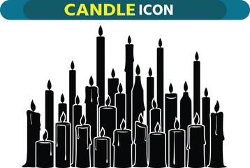 Collection of various tall and short lit candles in silhouette against a white background