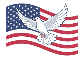 Symbolic white dove of peace flying gracefully in front of the waving american flag
