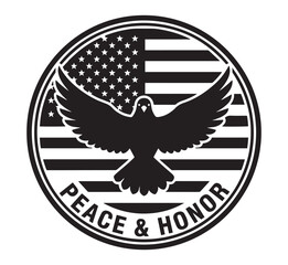 Symbolic circular emblem featuring a silhouette of a dove of peace with outstretched wings against a us flag background and the words peace and honor