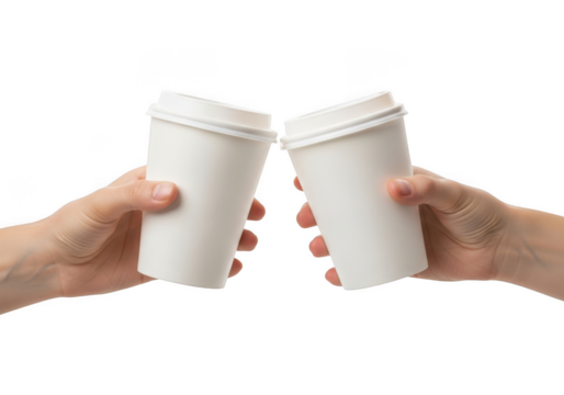 Two hands holding white paper coffee cups clinking toasting celebration drink beverage hot isolated on transparent background - Powered by Adobe