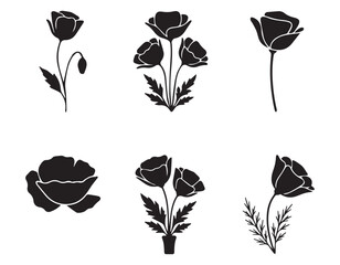 Collection of six black silhouette floral illustrations of poppy flowers and stems against a white background