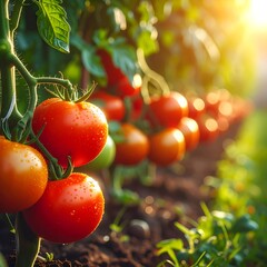 Ripe Tomatoes on the Vine - A Gardens Bounty in Sunlight.