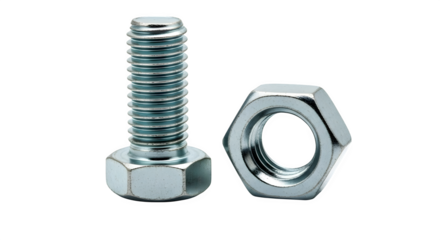 Metal bolt and nut isolated on transparent background for industrial use