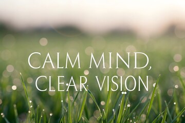 Grass with dew drops reflecting sunlight and a calm mind quote